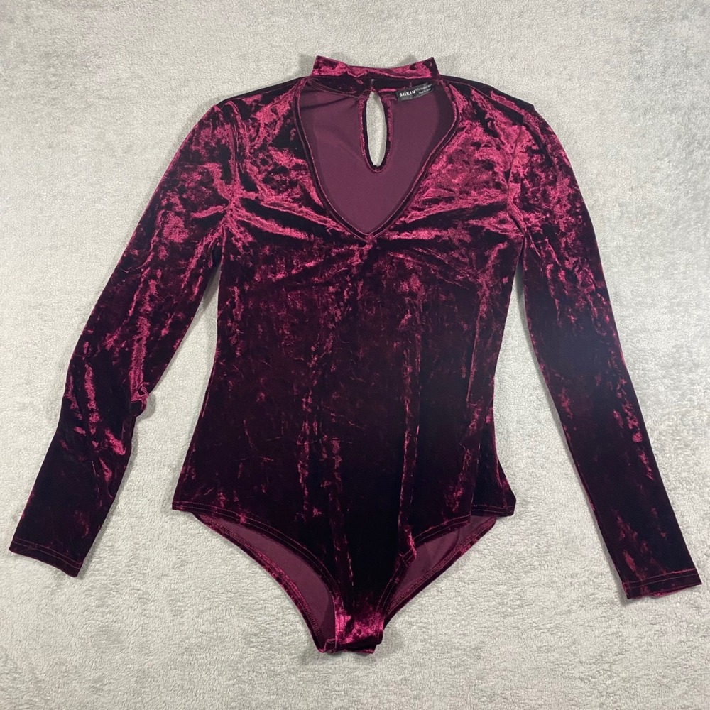 SHEIN Bodysuit Women Large Burgundy Crushed Velvet Keyhole Choker Long Sleeve